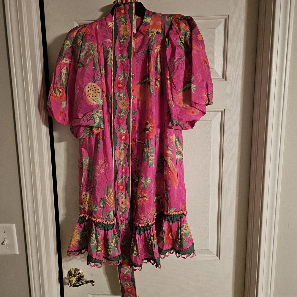 FARM Rio Delicate Fruit Garden Tie Belt Mini Shirtdress